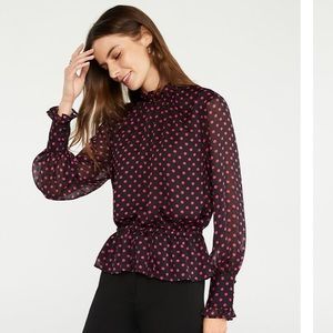 NWT ANN TAYLOR BLACK DOT SMOCKED NECK PEPLUM TOP M
